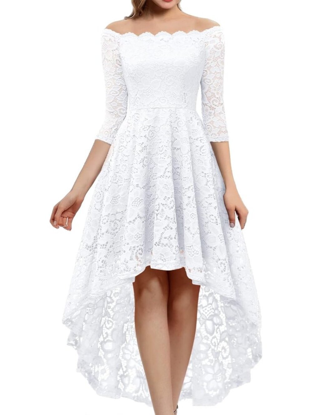 White Lace Off Shoulder 3/4 Sleeve Cocktail Wedding Guest Dress Sz S-2X